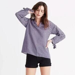 Madewell Tie-Sleeve Popover Top in Whitby Plaid Cotton Linen Blend Size Medium‎